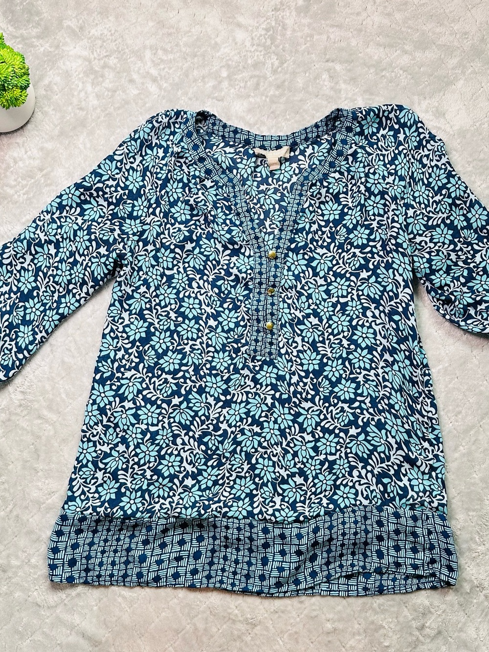 🌊 Coastal Boho Floral Tunic Banana Republic Blue Aqua Peasant Blouse XS